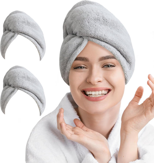 2 Pack Microfiber Hair Towel Wrap for Women Super Absorbent Quick Dry Hair Turban for Drying Curly, Long & Thick Hair 10 inch X 26 inch Lightgrey+SkyBlue
