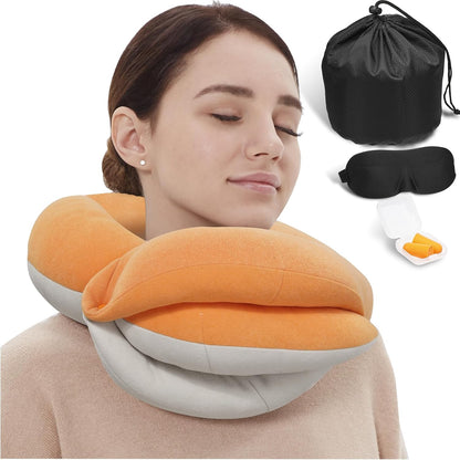 BUYUE Travel Neck Pillows for Airplanes, Memory Foam 360° Head Support Sleep for Long Flight, Skin-Friendly & Breathable, Kit with Eye Mask, Earplugs and Storage Bag (Adult, Grey, 90+ lbs)