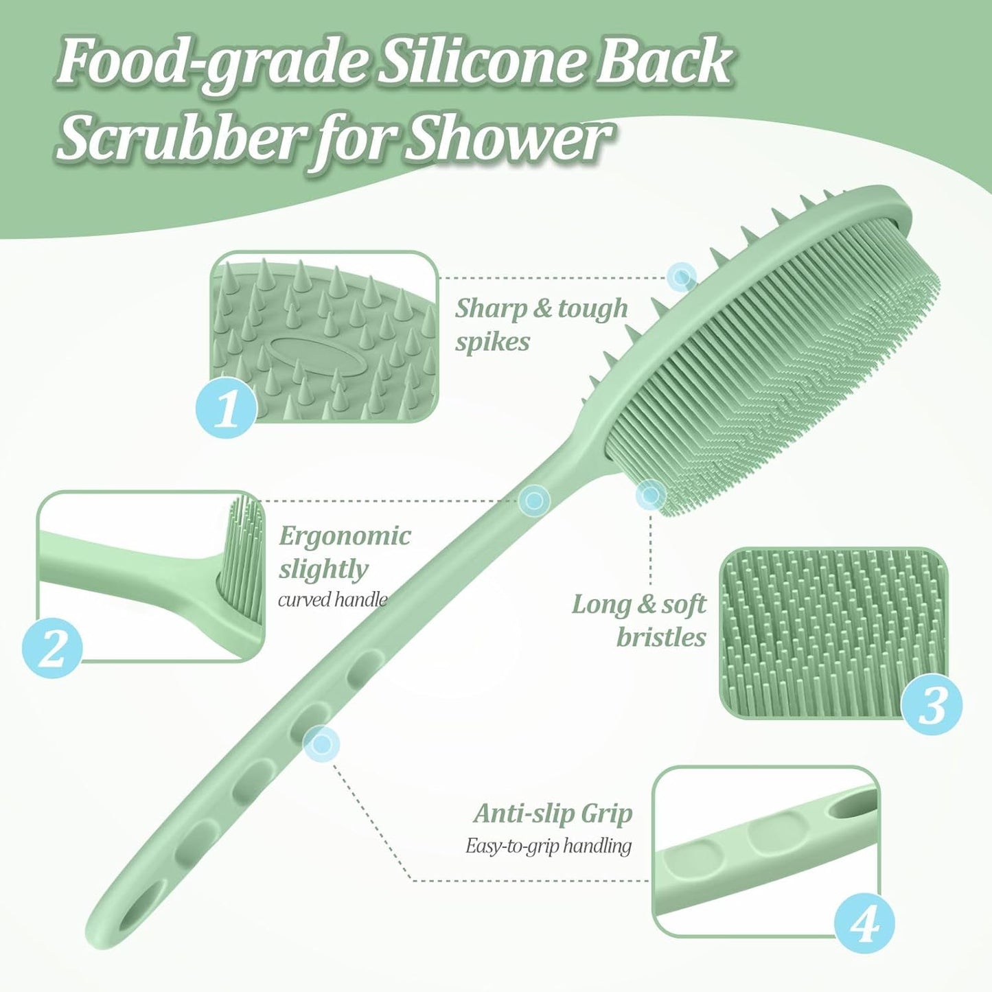 Silicone Back Scrubber & Bath Glove Set 2PCS, 13.4'' Gentle Shower Back Scrubber with Dual-Side Head Non-Slip Handle, 360° Anti-Slip Hand-fit Bath Glove for Rich Foaming Deep Cleaning(Black)