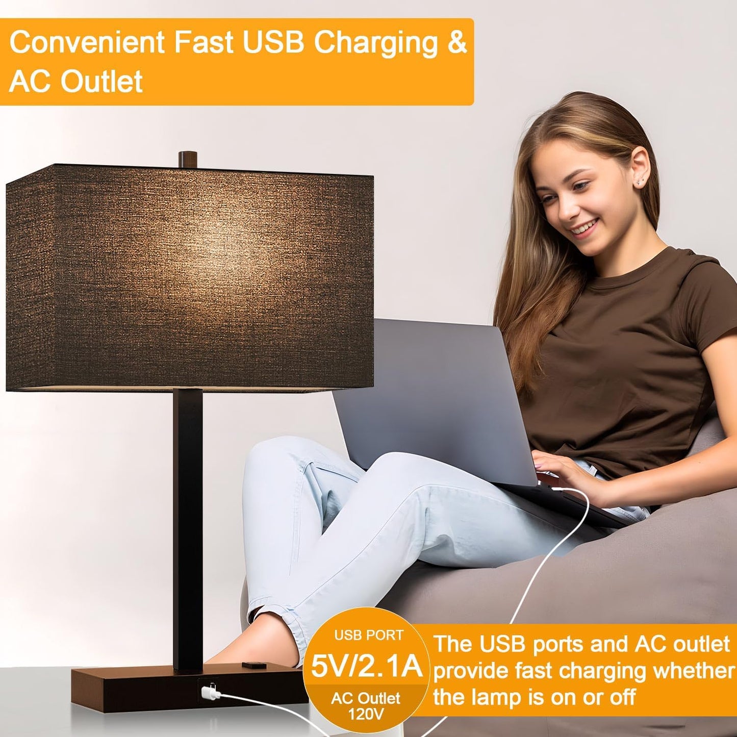 21" Touch Bedside lamps with 2 USB & AC Outlets, 3-Way Dimmable Bedside Table Lamps Set of 2 for Bedroom Living Room Office Reading, Gray Shade Lamps for Night Stands, 5000K LED Bulbs Included