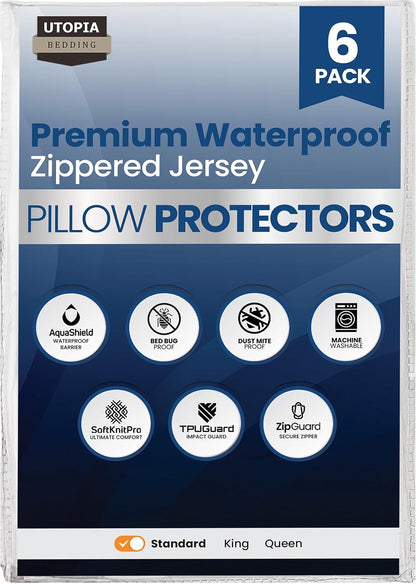 Set of 4 Pillow Protectors with Zipper Standard Size, Bed Bug and Dust Mite Proof Pillow Covers, Ultra Soft Pillow Encasements, Moisture Wicking and Waterproof Pillow Cases by Utopia Bedding (White)