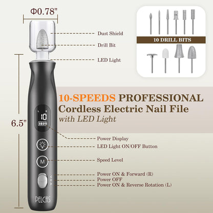 PELCAS Electric Nail Grinder, 10 Speeds Cordless Nail Drill with LED Light, Portable Manicure and Pedicure Kit, Nail File with LCD Screen for Human, Pet, Thick Toenails, Natural & Acrylic Nails Grey