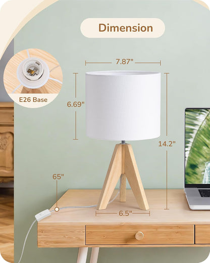 EDISHINE Tripod Table Lamp, Small Cute Bedside Lamp with Linen Beige Lampshade, Nightstand Lamp for Nursery, Bedroom, Kid Room, Living Room, Light Brown Wooden Base, E26 Socket, 14.2 Inch