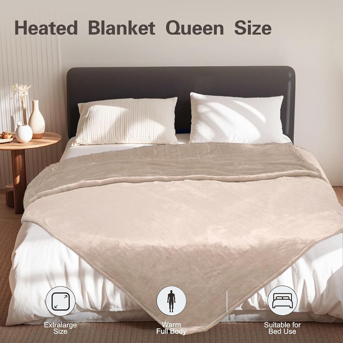 Tefici Heated Blanket Throw 50"x60", Ultra Soft 2-Layer Flannel Electric Blanket, for Home Office Sofa,3 Heat Settings, 4H Auto Off, ETL FCC Certified, Overheat Protection, Machine Washable, Camel