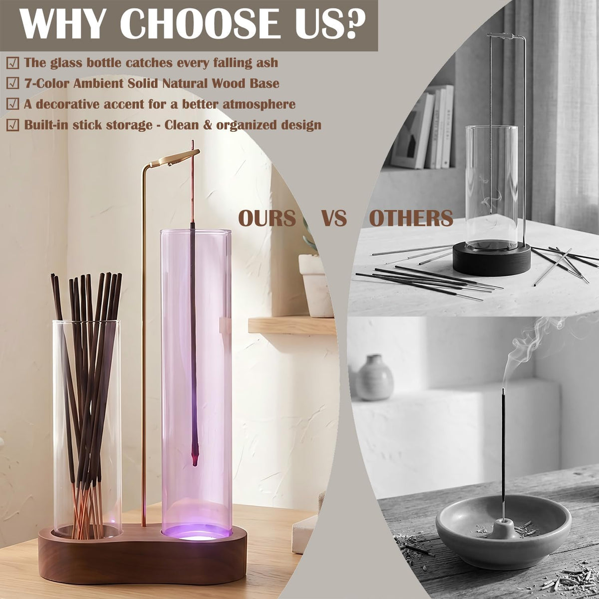 Glowing Glass Incense Holder - 2-in-1 Double Tube Incense Stick Holder with Ash Catcher for Palo Santo, Sage & Meditation - Aesthetic Zen Home Decor for Spa, Yoga & Relaxationn