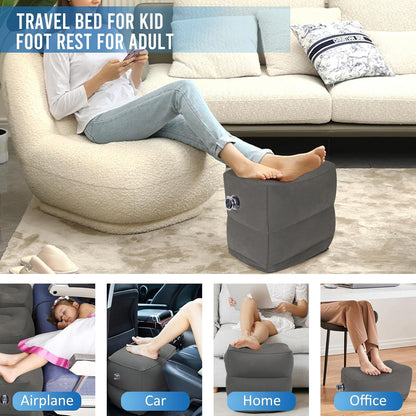 Inflatable Airplane Foot Rest Pillow - Travel Foot Rest for Long Flights, Car Seat Foot Rest for Kids Airplane Seat Extender Bed for Toddler, Blow up Plane Footrest with Easy-Carry Strap, Gray 2 Pack