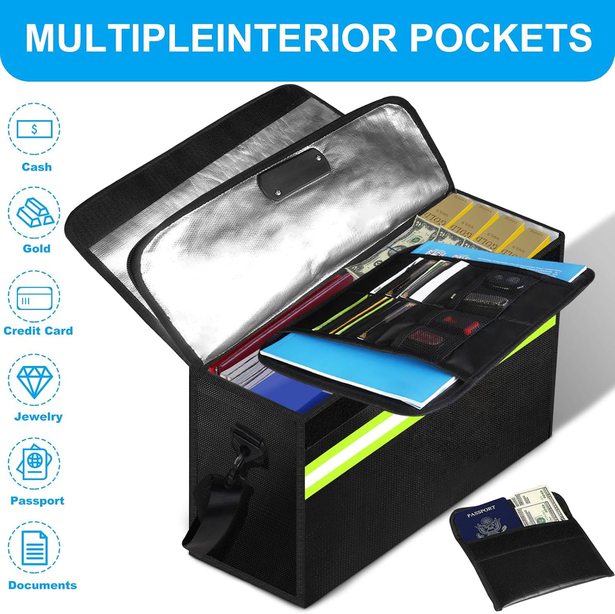 6500°F Fireproof Document Bag with Lock-Fireproof Box with 10 Layers Insulation Materials&Waterproof Zipper,Removable Wallet,Reflective Strip for Cash,Documents,Jewelry(14.2”x 9.6”x 4.1”)
