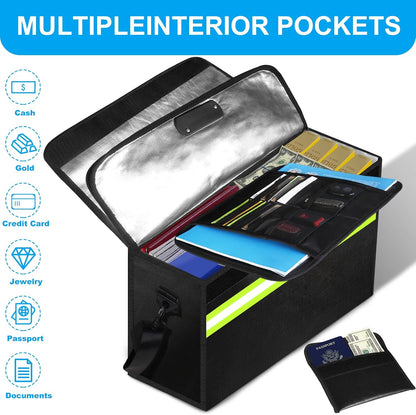 6500°F Fireproof Document Bag with Lock-Fireproof Box with 10 Layers Insulation Materials&Waterproof Zipper,Removable Wallet,Reflective Strip for Cash,Documents,Jewelry(14.2”x 9.6”x 4.1”)