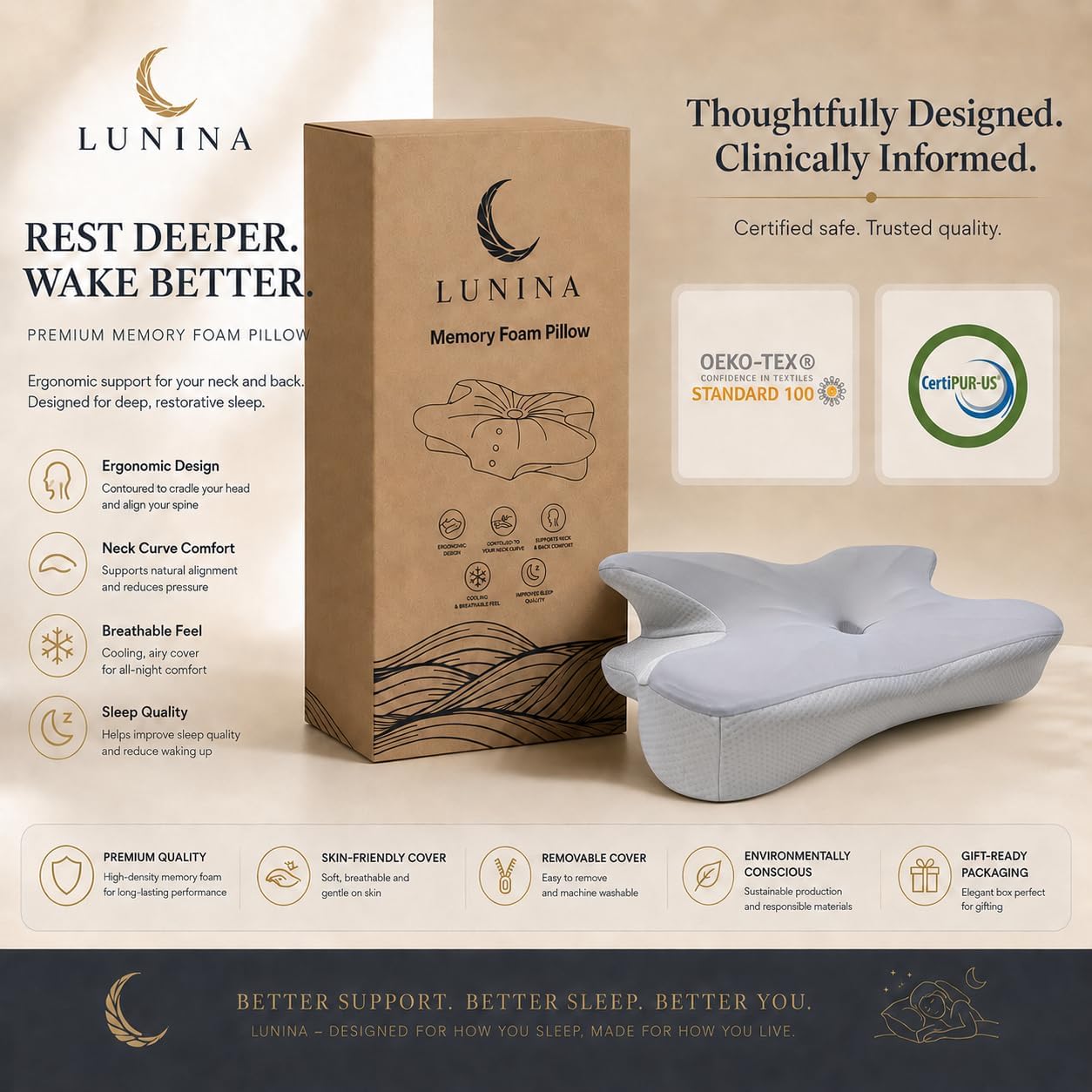 LUNINA Cervical Pillow for Neck Support, Memory Foam Contour Pillow | CertiPUR-US Certified, Medium-Firm Support