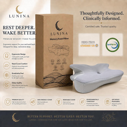 LUNINA Cervical Pillow for Neck Support, Memory Foam Contour Pillow | CertiPUR-US Certified, Medium-Firm Support