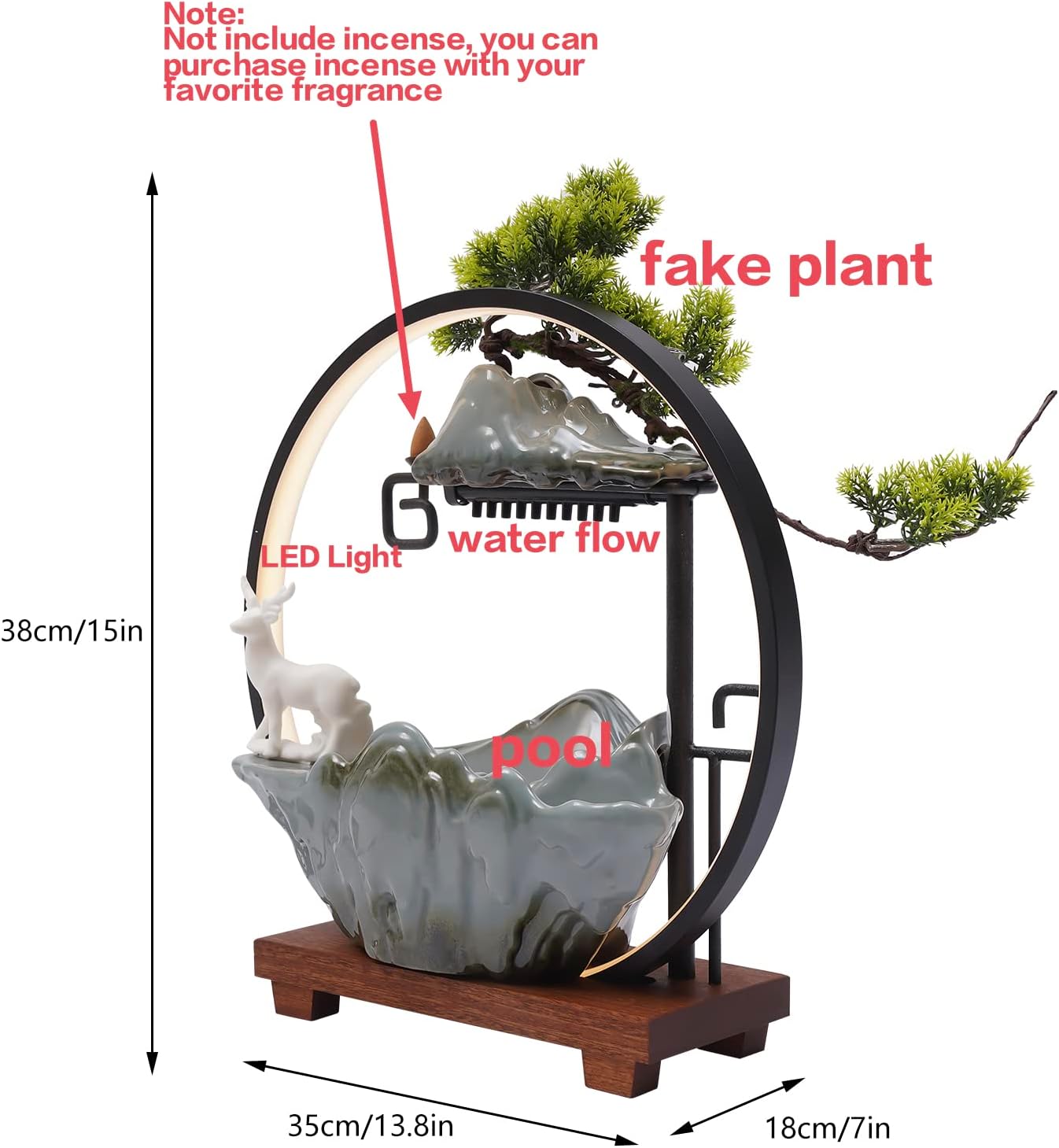 Mini Artificial Bonsai Tree Waterfall Fog Feature Rock Tabletop Fountain | 11in Desktop Decor Waterfall Fountain W/ Water Pump& Atomizer&LED Lights &Fake Tree Office Bedroom Relax