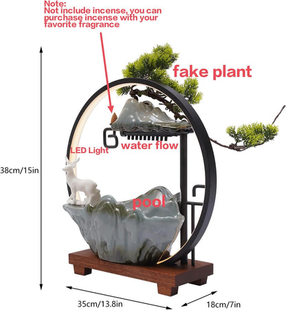 Mini Artificial Bonsai Tree Waterfall Fog Feature Rock Tabletop Fountain | 11in Desktop Decor Waterfall Fountain W/ Water Pump& Atomizer&LED Lights &Fake Tree Office Bedroom Relax