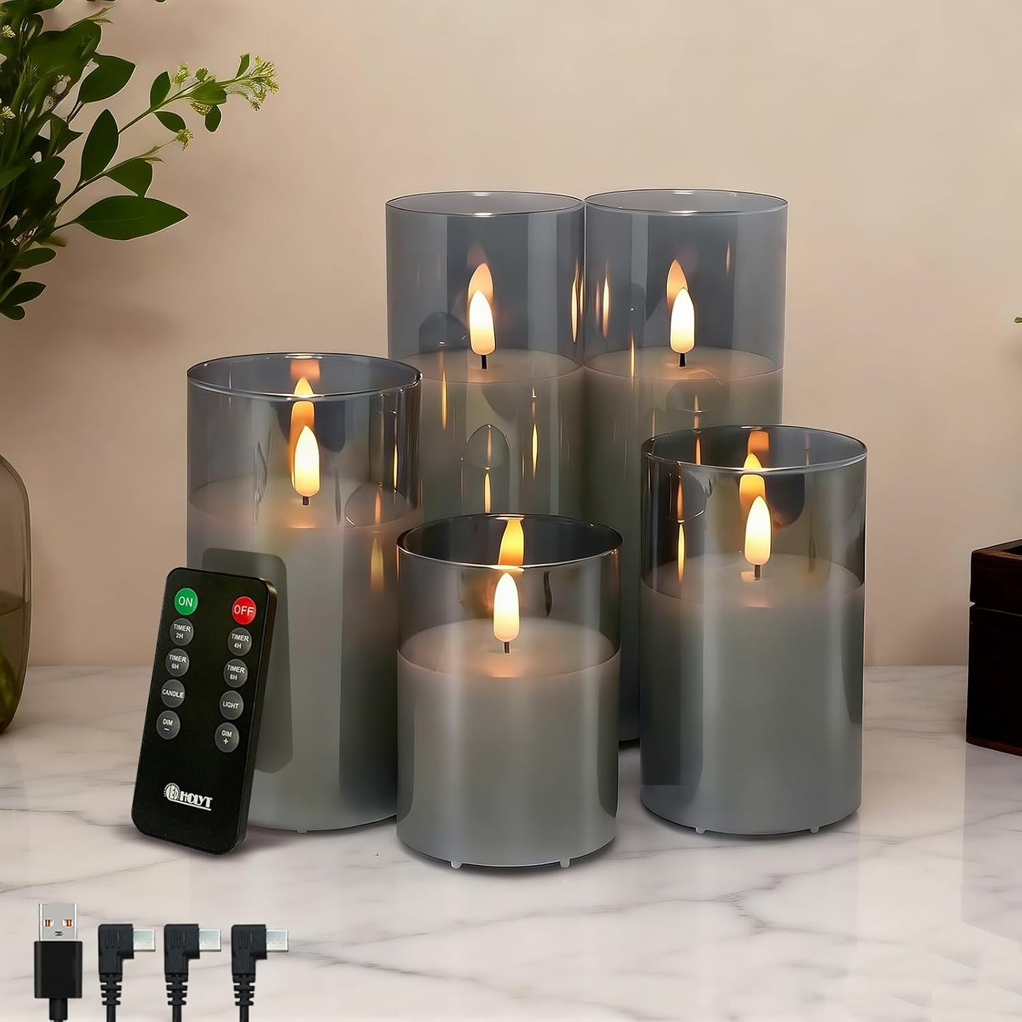 LEDHOLYT Rechargeable Flameless Glass Pillar Candles–Gifts for Women,–Set of 3, Realistic Flickering LED Flame,Remote & Timer, Ideal for Living Room, Bedroom & Halloween Festival Home Party Decor