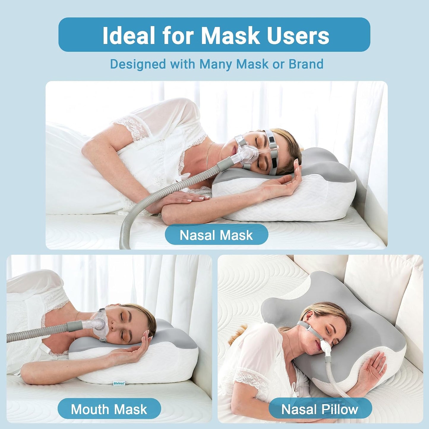 Elviros Cervical Neck Pillow for Neck Pain Relief, CPAP Pillow for Side, Back & Stomach Sleepers, Ergonomic Orthopedic Pillow for CPAP Users to Reduce Air Leaks and Mask Pressure, Dark Grey