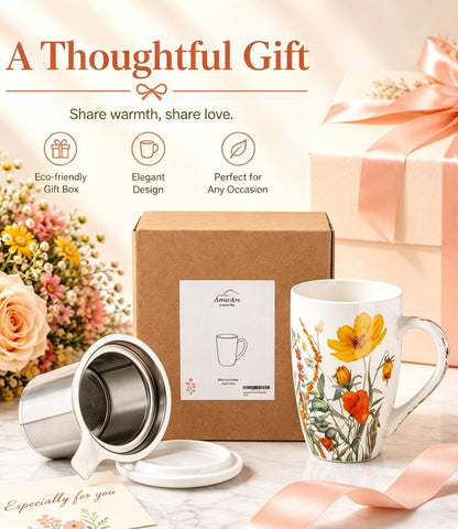 AmorArc 18oz Porcelain Tea Mug with Infuser & Lid, Loose Leaf Tea Cup with Stainless Steel Strainer, Large Coffee Mug Gift for Women, Tea Lovers, Home & Office
