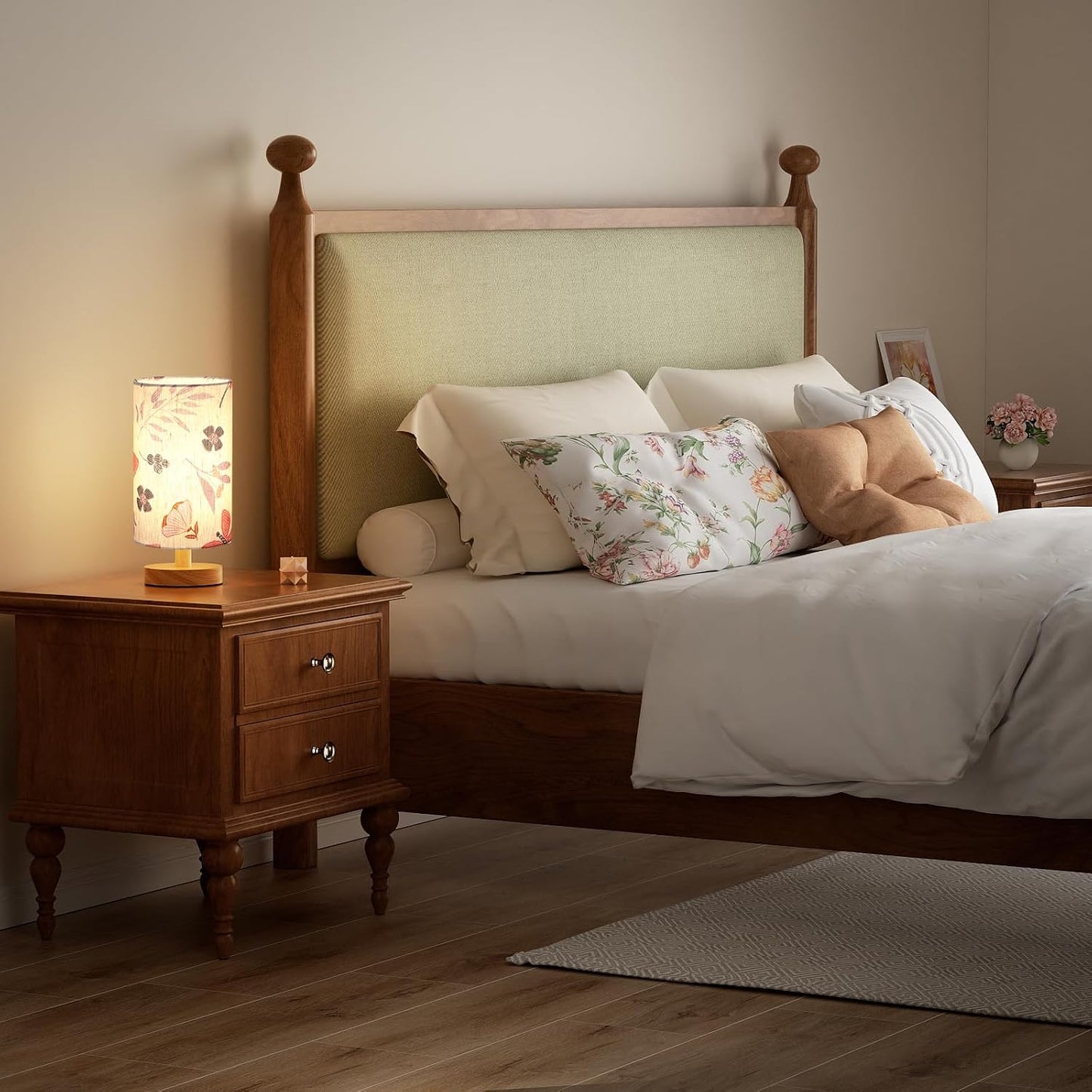 Fenmzee Small Table Lamp for Bedroom - Inline Control, Bedside Lamp with 3000K A15 LED Blub, Easy Assembly (Cream Shade - Wood Base, 9" Inline Control)