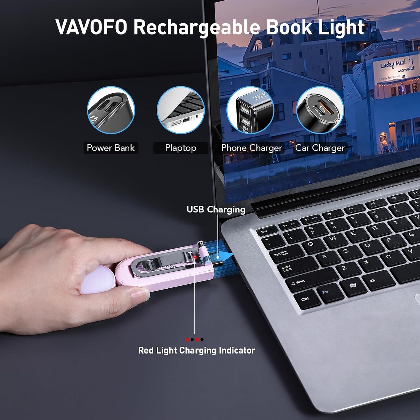 VAVOFO USB Rechargeable Book Light, Blue Light Blocking, Amber Clip-On Bookmark Shaped Reading Light, Eye Care 6 LEDs With 9 Lighting Modes for Bookworms (Grey)