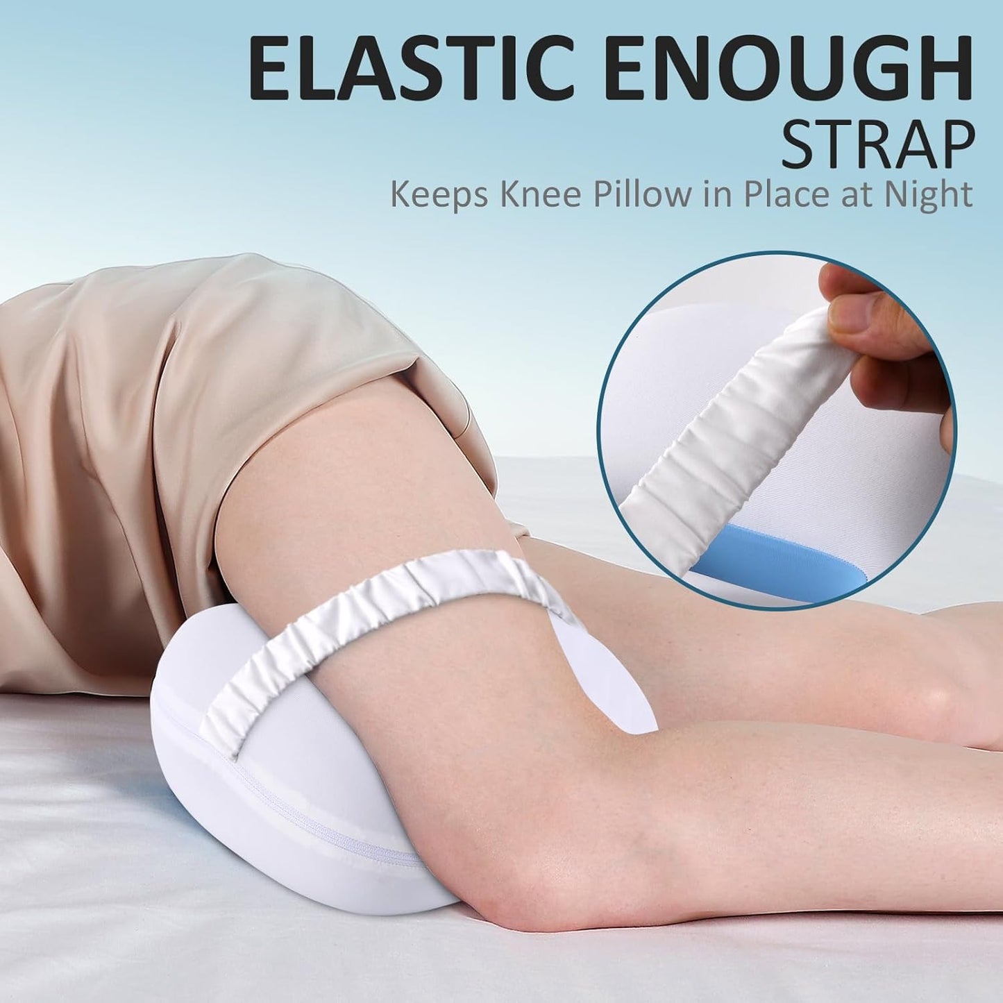 beslovo Side Sleeper Knee Pillow, Memory Foam Leg Pillow, Ergonomic Between Leg Pillow Eases Back Hip Pain, Spine Alignment Sciatica Relief, Knee Pillow with Ice Silk Cover and Elastic Strap (White)