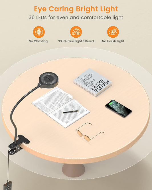 Glocusent 5W Clip on Light, 36 LED Eye Caring Reading Light for Bed, 3 Colors & 5 Brightness Clip on Lamp with Adapter, Perfect Desk Lamp with Clamp/Bunk Bed/Headboard/Table