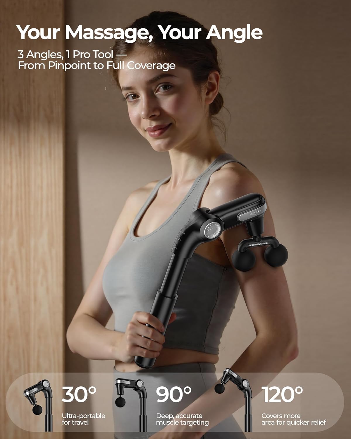 KingPavonini Foldable Massage Gun with Dual-Ball Head, Adjustable Head & Extendable Handle, Handheld Back Massage Gun Deep Tissue for Pain Relief, Portable Percussion Massager Gun, Gift for Men Women