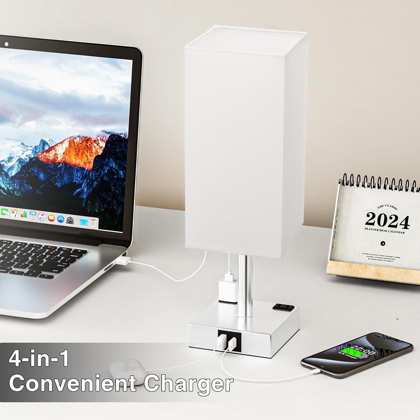 【Upgraded】Bedside Table Lamp Touch Control, with USB C+A Charging Ports & Dual AC Outlets, 3-Way Nightstand Lamp for Bedroom with LampShade Living Room Office(LED Dimmable Bulb Included)