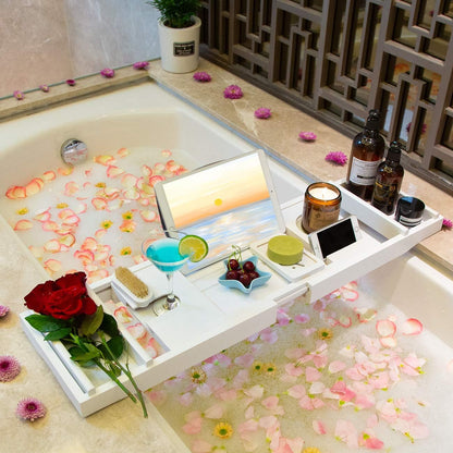 Bath Caddy Tray for Bathtub - Bamboo Adjustable Organizer Tray for Bathroom with Free Soap Dish Suitable for Luxury Spa or Reading