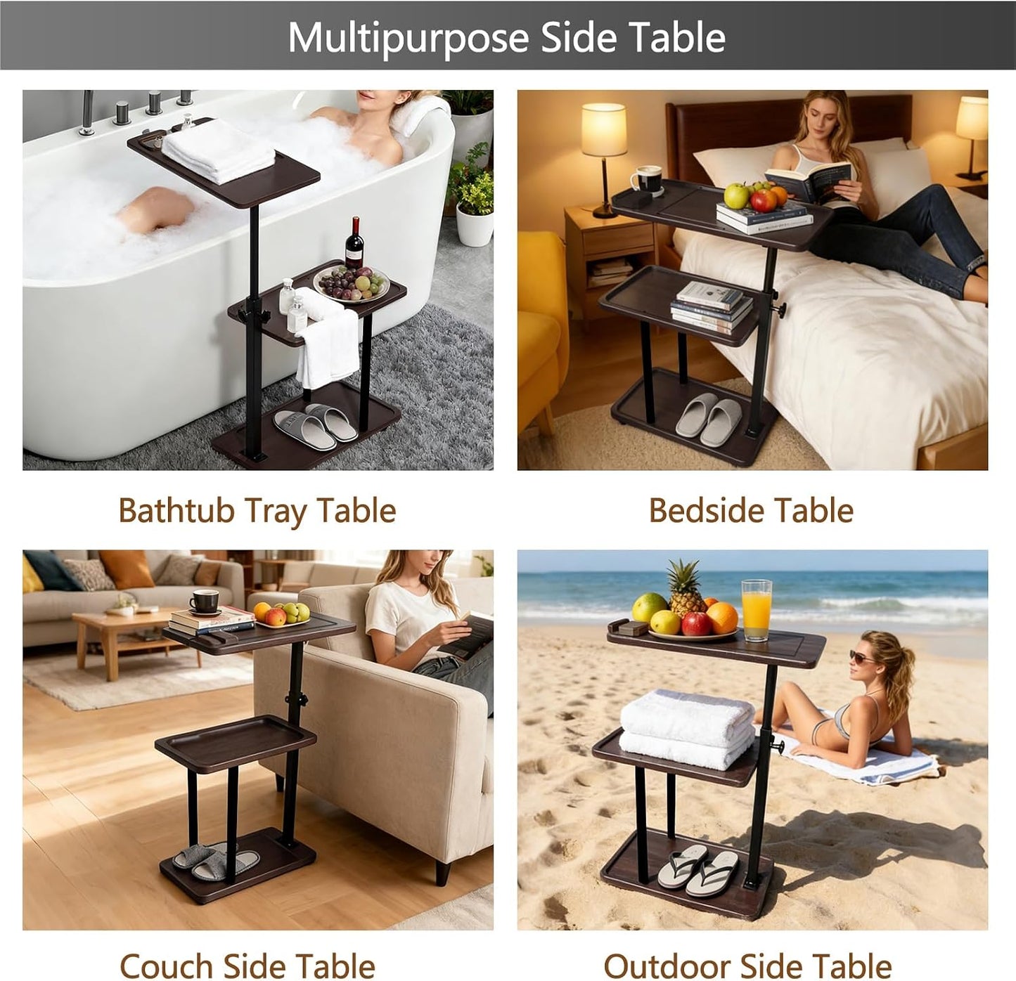 3 Layer Bathtub Tray Table,Bamboo Swivel Bathtub Side Table Height Adjustable,Freestanding Bathtub Tray for Tub Against Wall,Bathtub Accessories&Bathroom Organizer for Luxury Home Spa (Black)