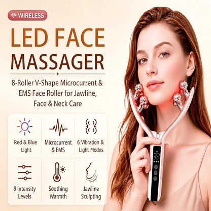 Wireless Face Massager Tool, 8-Roller 3D Face Roller for Women, LED Facial Massager,V-Shape Face Sculpting Tool for Jawline, 6 Light & Vibration Modes, USB-C Rechargeable