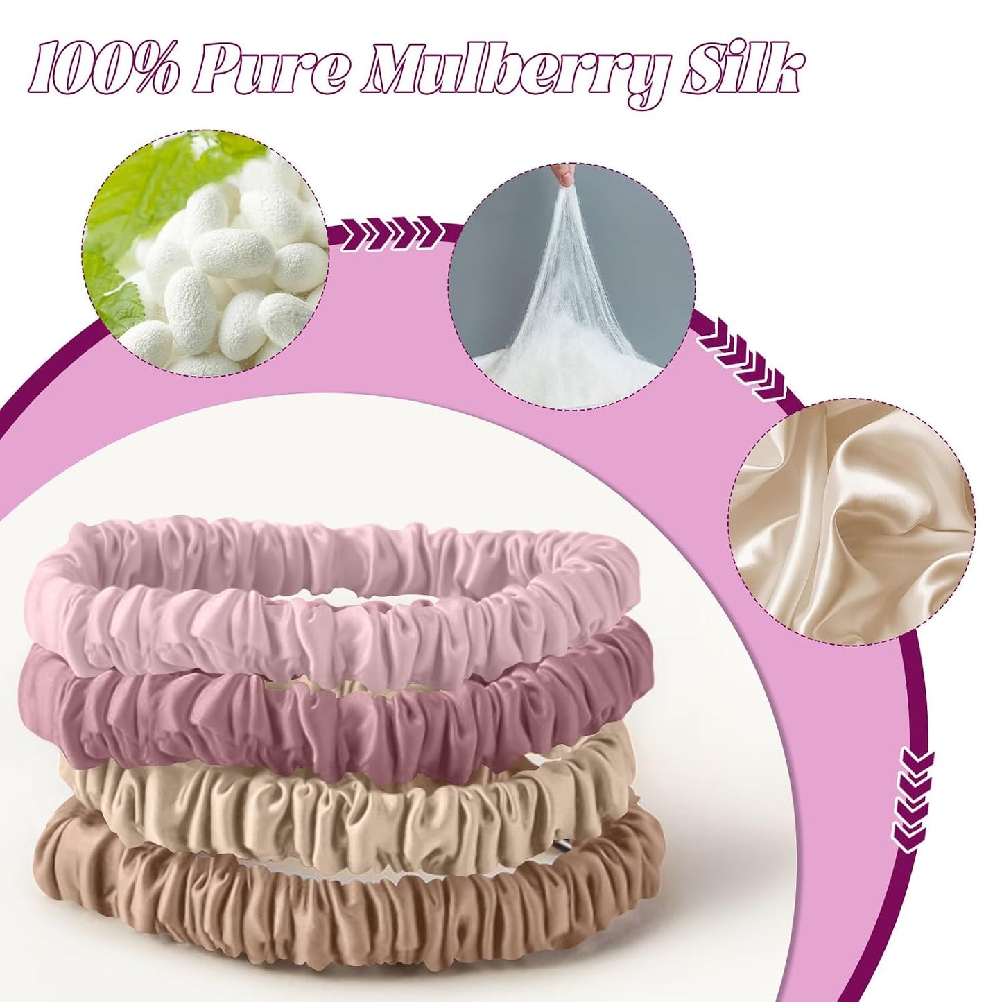 4Pcs Mulberry Silk Scrunchies Set, Silk Hair Ties Elastic for Women, Skinny Scrunchies Reduces Breakage for All Hair Types