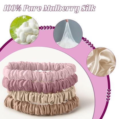4Pcs Mulberry Silk Scrunchies Set, Silk Hair Ties Elastic for Women, Skinny Scrunchies Reduces Breakage for All Hair Types