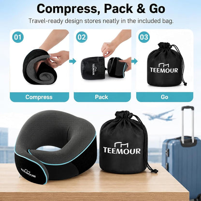 Travel Pillow Neck Pillow for Airplane Travel Essentials - Memory Foam Travel Neck Pillow, Stops Head Bobbing With Eye Mask & Earplugs, Portable Carry Bag for Long Flights| Airplane Accessories Black