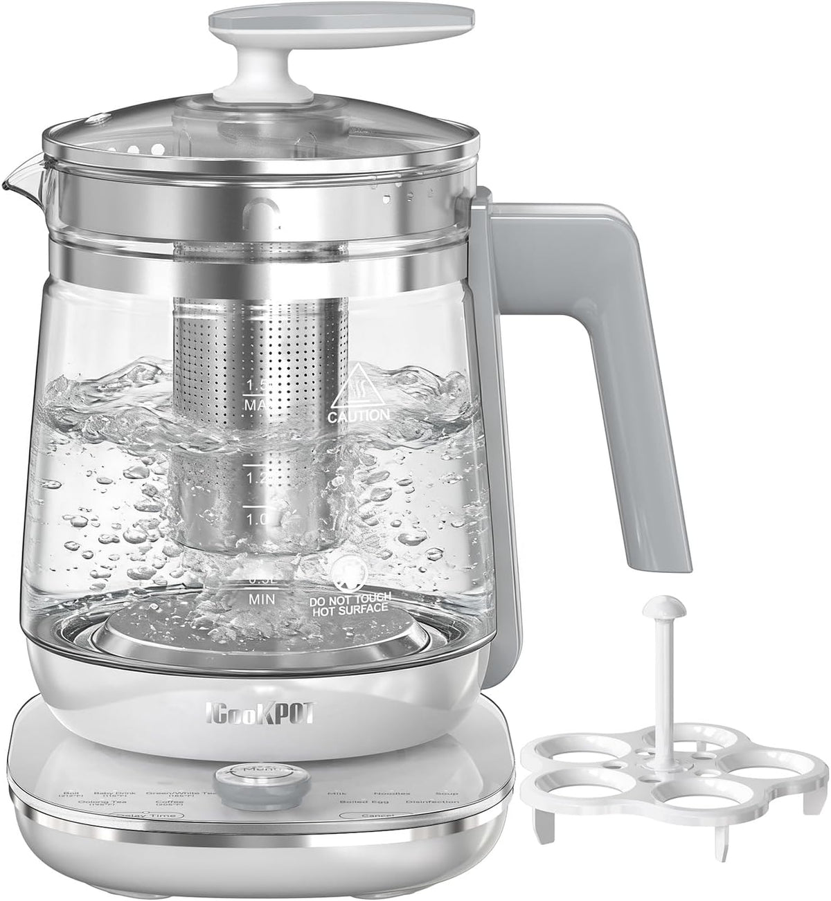 Electric Kettle 1.5L Borosilicate Glass, 1200W Temperature Control Tea Kettle with Auto Shut-Off & Boil-Dry Protection, BPA-Free Stainless Steel Base, Fast Boil for Coffee & Keep Warm, White