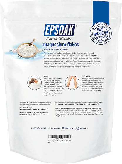 Epsoak Magnesium Flakes 4 lb. Magnesium Sulfate USP. Resealable Epsom Salt Bag Unscented, Made in The USA, Cruelty-Free Certified