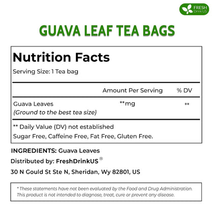 FreshDrinkUS, Premium 35 Guava Leaf Tea Bags, 100% Natural & Pure. Loose Leaf Guava Herbal Tea. No Sugar, No Caffeine, No Gluten, Vegan.
