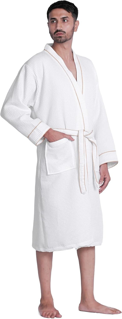Looperry Unisex White Waffle Bathrobe (1 Piece) Luxurious & Lightweight Shower Robe in Organic Cotton Poly Blend