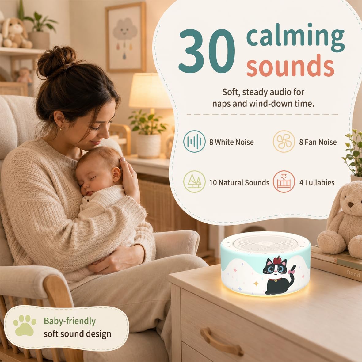Kipcush White Noise Machine for Baby & Adults, 30 Soothing Sounds, Soft Non-Glare Nursery Lamp, 8 Color Night Lights, Memory Function (Angel V1 White, Standard)
