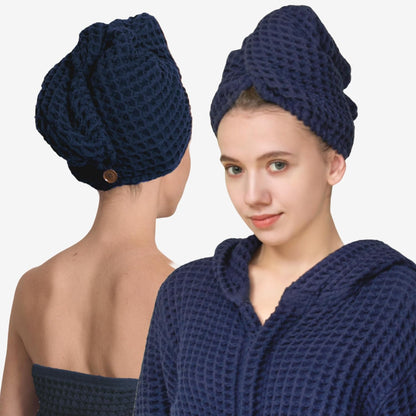 Luxury Organic Japanese Cotton Hair Drying Waffle Towel Wrap for Women | Absorbent, Quick-Dry Head Turban for Shower, Sauna, Spa | Extra Large for Long, Curly, Straight Hair With Button (White, 1 Pc)