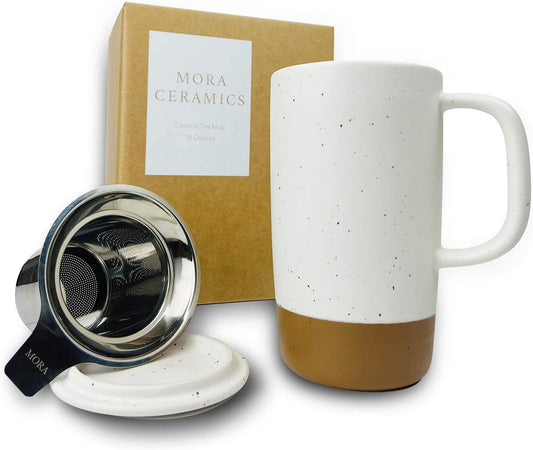Mora Ceramics Large Tea Mug with Loose Leaf Infuser and Ceramic Lid, 18 oz, Portable, Microwave and Dishwasher Safe, Tall Coffee Cup - Rustic Matte Ceramic Glaze, Modern Herbal Tea Strainer, Olive