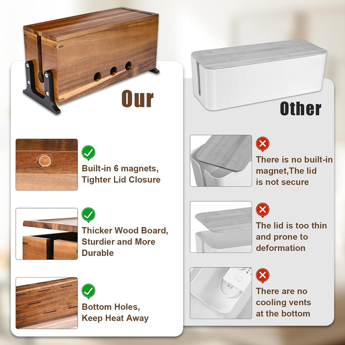 Extra Large Acacia Wood Cable Management Box, Pet Child Safe Cord Hider