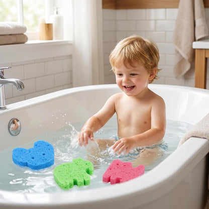 Yookat 3Pcs Cute Baby Bath Sponge Natural Soft Kids Bath Sponge with Cat Koala Elephant Shapes Plant Based Wood Pulp Cotton Shower Sponge for Infant Toddler Newborns