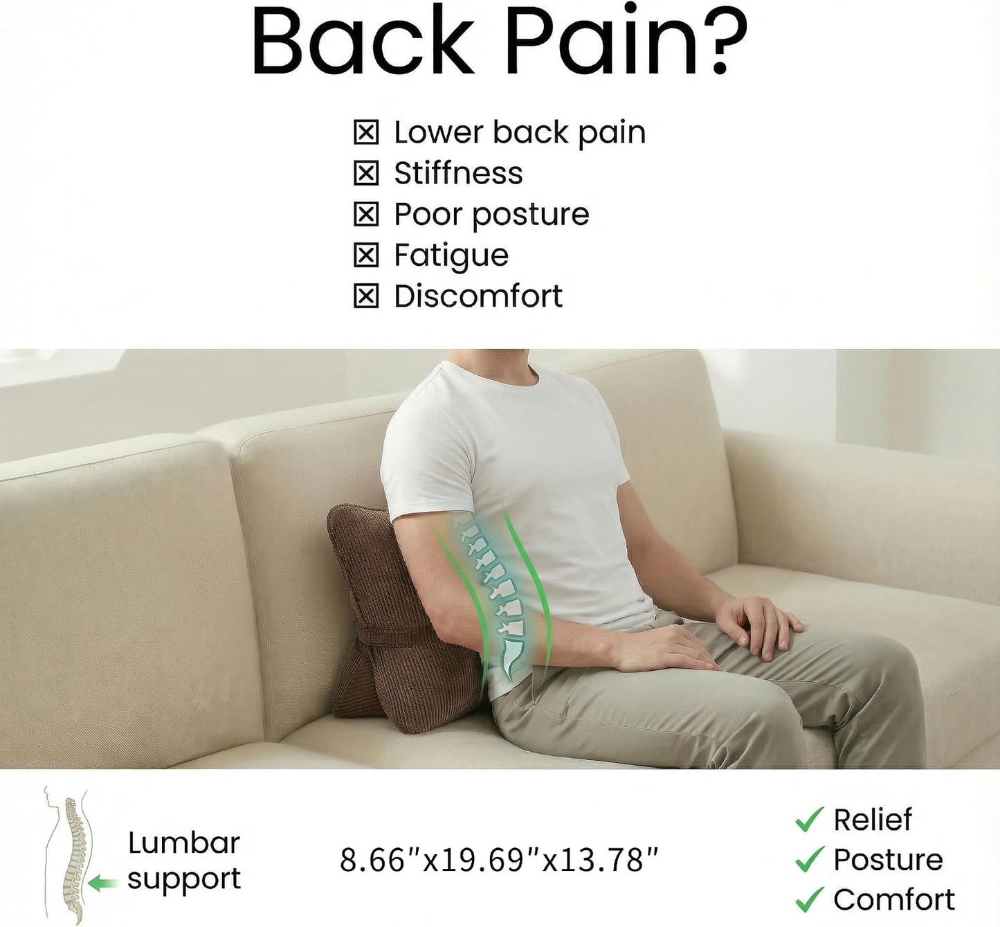 Pat. Pend. Corduroy Lumbar Support Back Pillow for Watching TV, Reading & Gaming, Ergonomic Triangle Support Cushion for Sofa, Armchair & Bed Sitting, Removable Washable Cover, Beige Gray