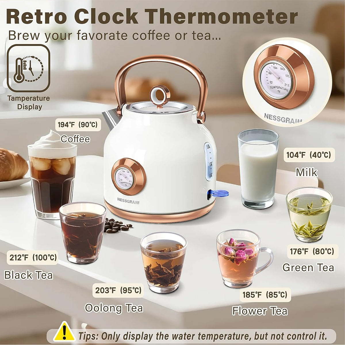 Retro Electric Kettle, 1.7L Stainless Steel Tea Kettle with Large Temperature Gauge, 1500W Fast Heating Hot Water Boiler with LED Indicator, Auto Shut-off & Boil-Dry Protection-Reteo Black