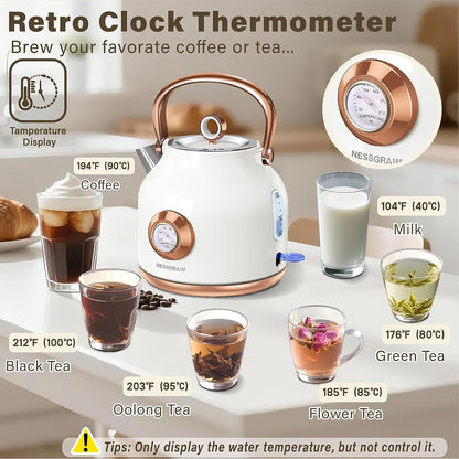 Retro Electric Kettle, 1.7L Stainless Steel Tea Kettle with Large Temperature Gauge, 1500W Fast Heating Hot Water Boiler with LED Indicator, Auto Shut-off & Boil-Dry Protection-Reteo Black