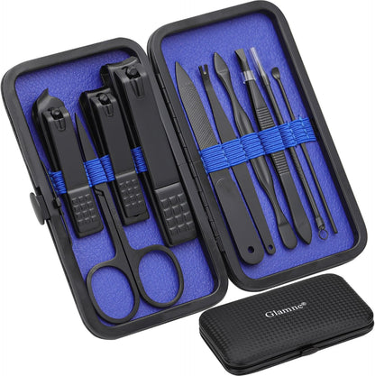 Glamne Manicure Set Nail Clippers Kit Professional Stainless Steel Nail Care Tools with Leather Travel Case 10 in 1 Black