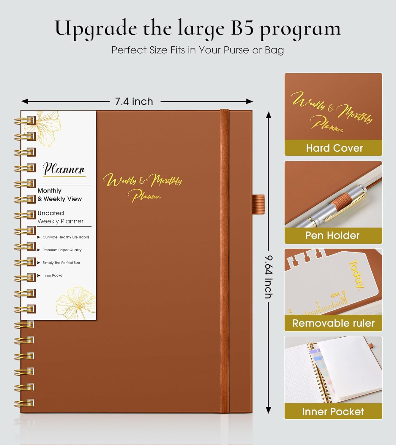 Undated Weekly and Monthly Planner, B5 Large Weekly To Do List Notebook with Goal & Habit Tracker Organizer, Hardcover Spiral Bound Blank Monthly Planner for Work School Home 7.4" x 9.64" Black