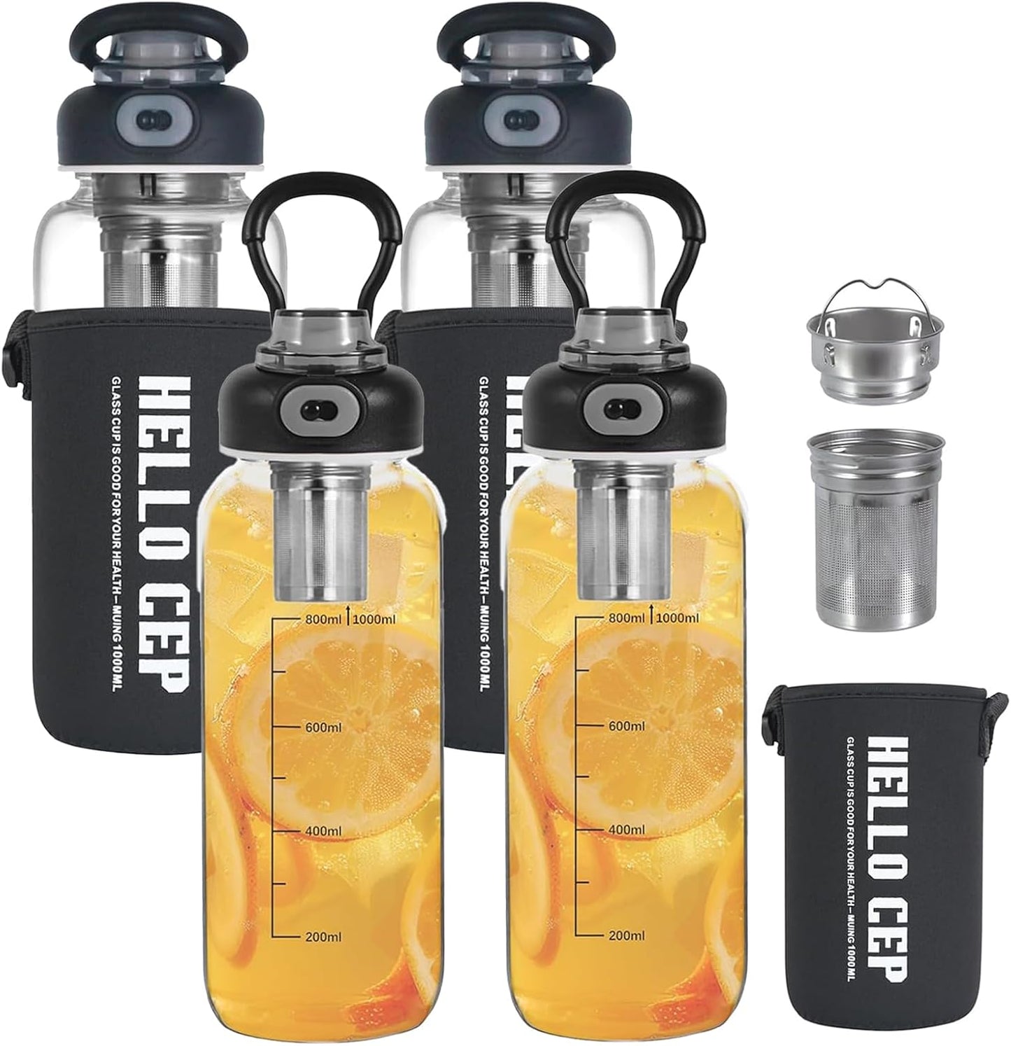 34oz Glass Water Bottle with capacity Mark & Stainless Steel Tea Strainer-Large Capacity for Hot/Cold Drinks,Coffee,Tea,and Water-Includes Protective Sleeve,Perfect for Home,Office (34oz)