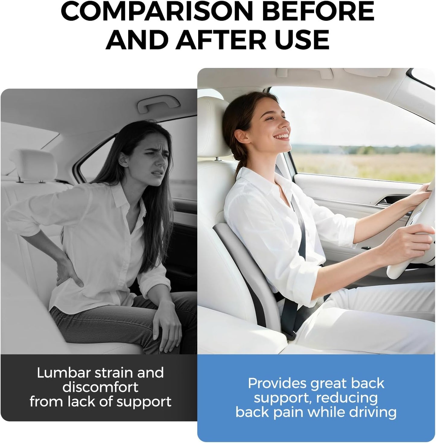 BEBAS Lumbar Support Pillow for Car, Memory Foam Back Cushion for Driving, Ergonomic Lumbar Pillow for Pain Relief, Comfort Lower Back Support for Office Chairs, Car Seat, Wheelchair -Black
