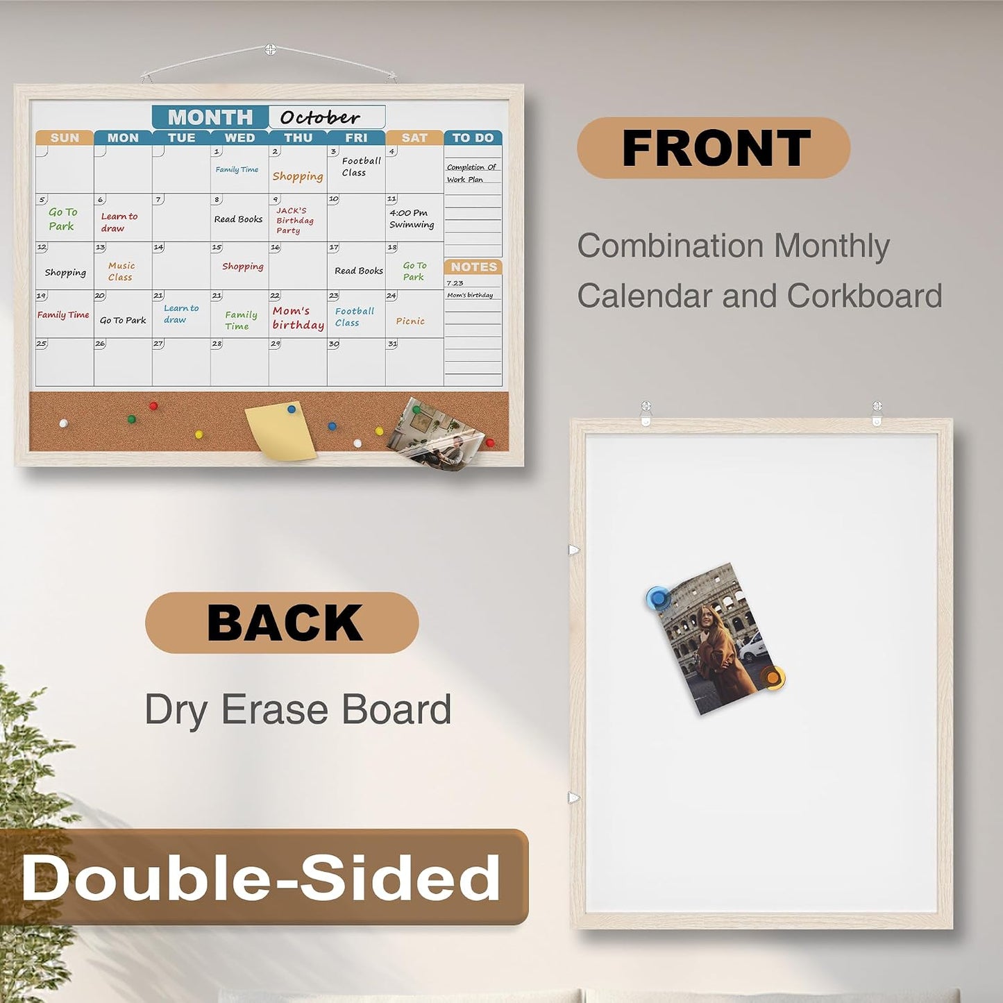 Monthly Calendar Dry Erase Board 16x12 Inch, Double-Sided Whiteboard and Corkboard Combo, Wall Mounted Planner Organizer with Markers, Magnets, Push Pins, Eraser, for Home Office School
