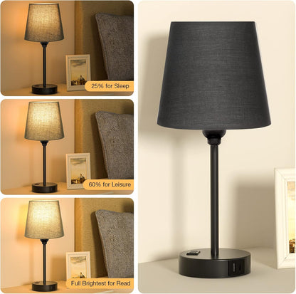 Mini Bedside Lamps for Bedrooms Set of 2 - Nightstand Bedroom Lamps with USB C Port and AC Outlet Charging, Dimmable Touch Small Bed Side Table Lamp, Black Night Stand Light for Kids/Guest Room