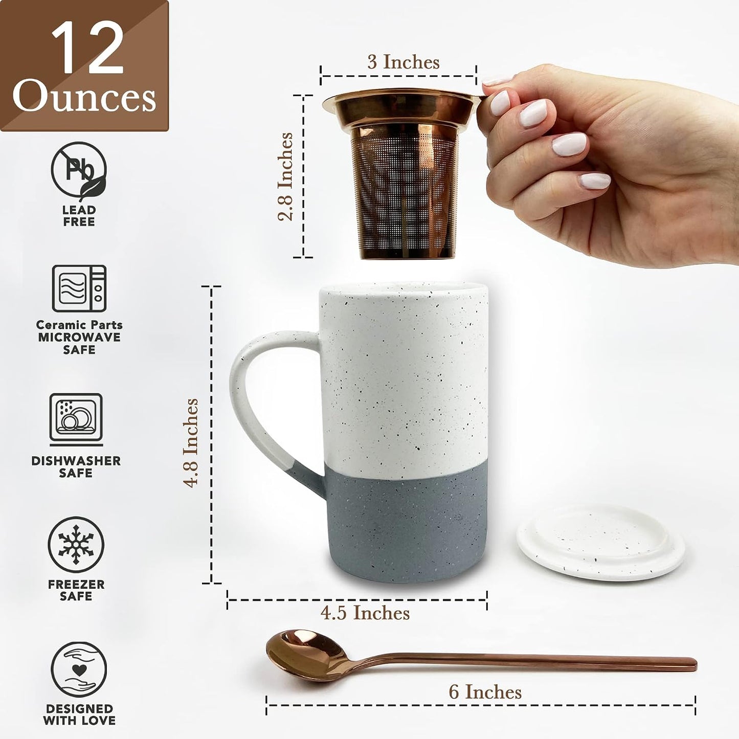 Mora Ceramics Tea Cup with Loose Leaf Infuser, Spoon and Lid, 12 oz, Microwave and Dishwasher Safe Coffee Mug - Rustic Matte Ceramic Glaze, Modern Herbal Tea Strainer - Great Gift for Women, Garnet